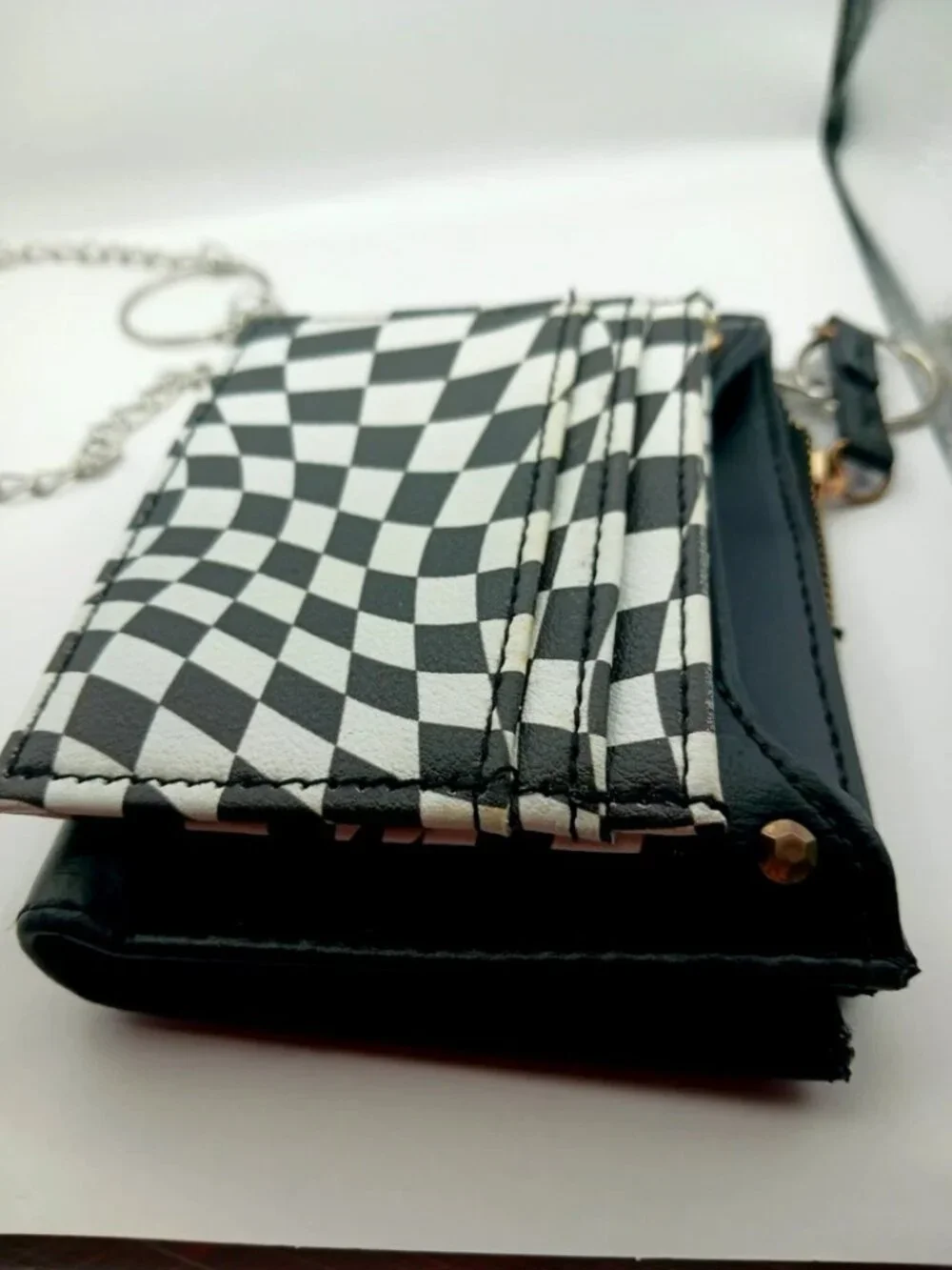 Black + White Skater Checkered Wallet with Removable Card Holder + Chain